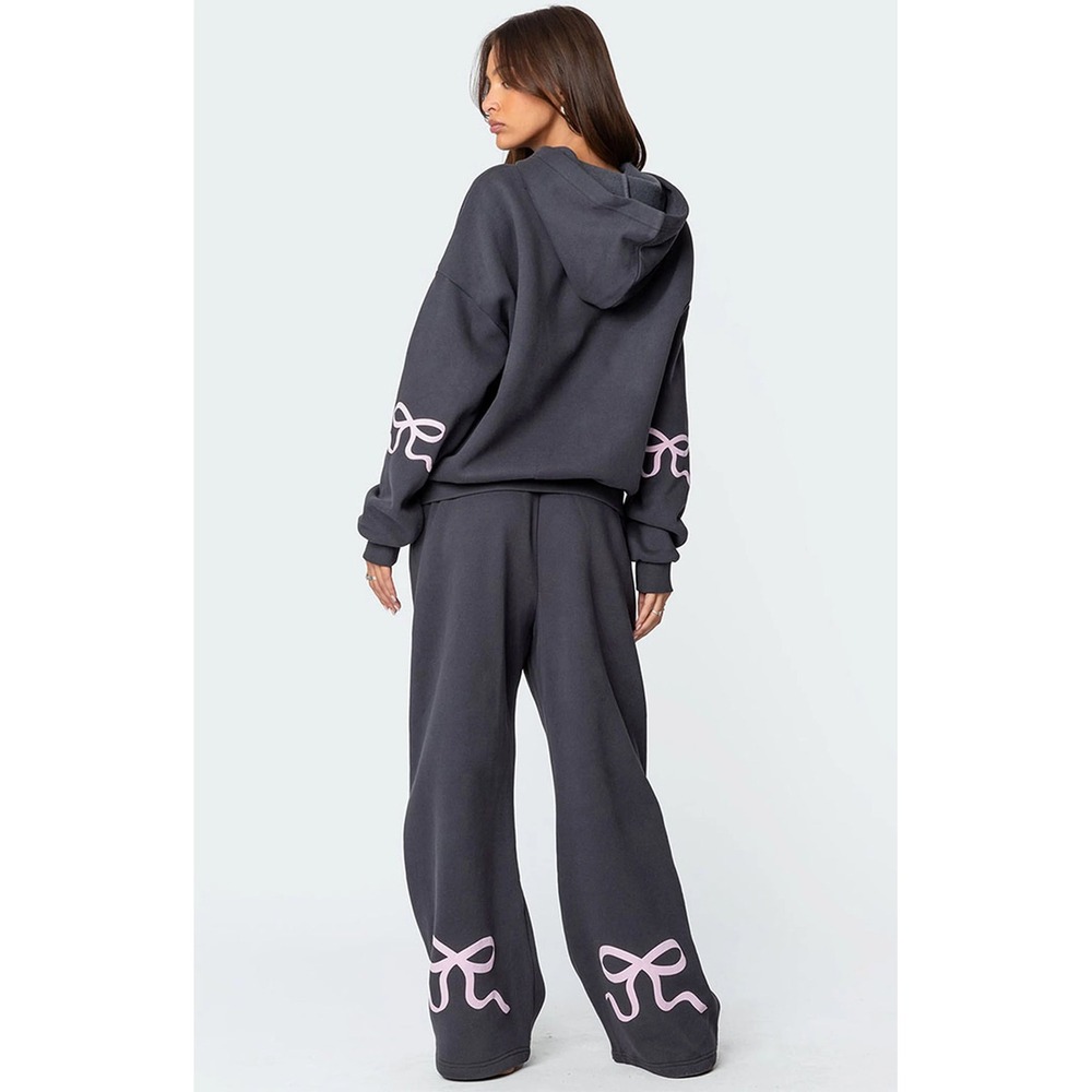 Edikted Women Charcoal Gray Pink Bow Wide Leg Sweatpants XS Coquette Balletcore